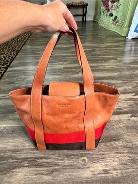 Kate Spade New York Leather Tote Bag Brown Red Stripe Shoulder Purse Satchel